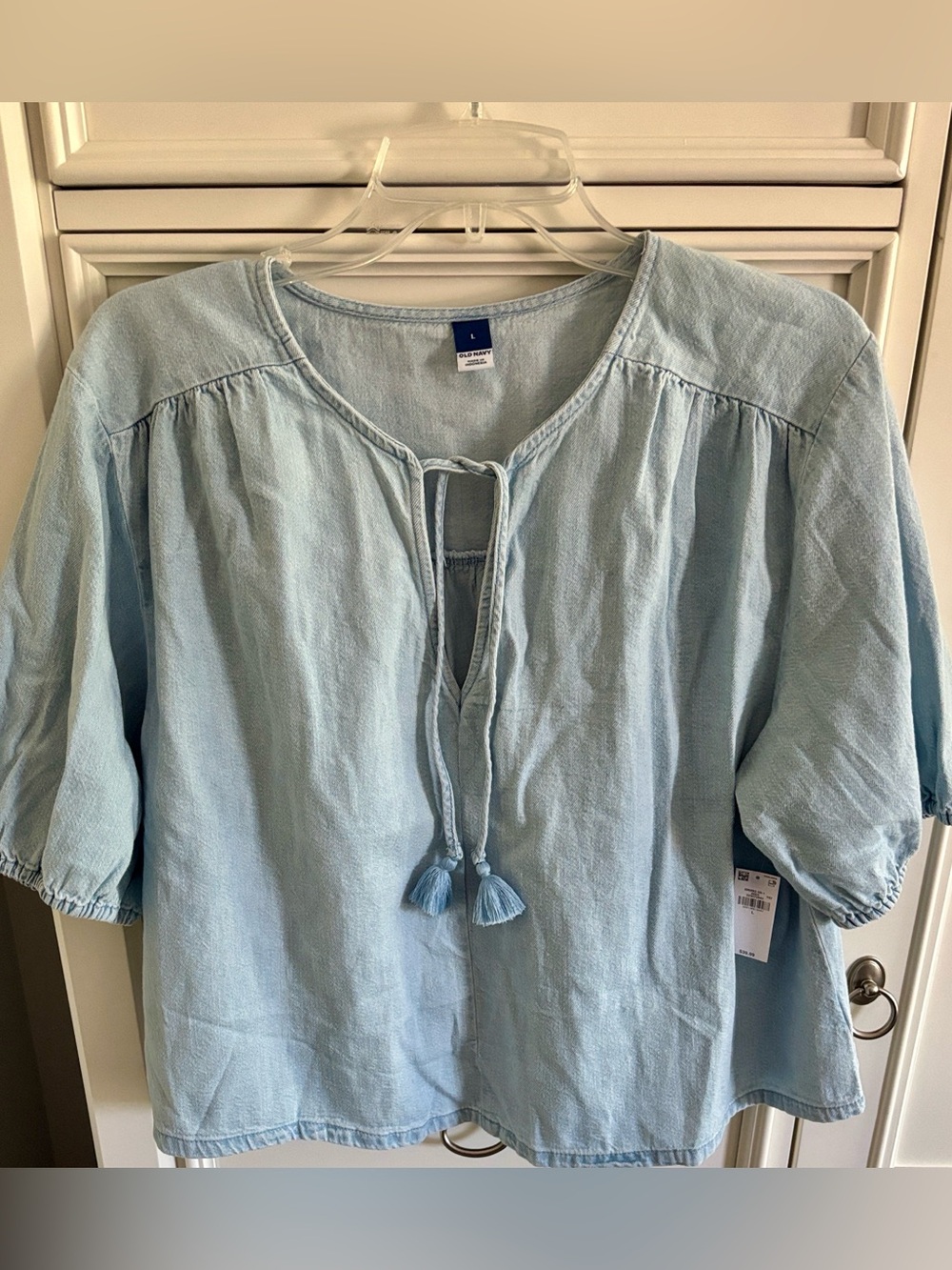 Old Navy Light Blue denim Tie-Front Peasant Top